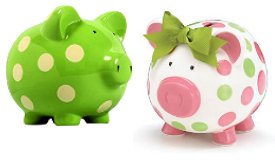 Start off your baby's savings right with this unique baby gift. This signature Elegant Baby piggy bank is a stunning addition to any nursery with its beautiful color palate and adorable white polka dots. And because they're hand-painted, no two piggy banks are alike. It's packaged in a clear PVC box, so this coin bank makes a perfect gift for any baby shower or birthday. Give your loved one something sweet and functional with this cute piggy bank