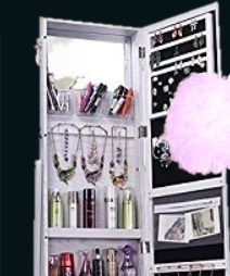 Mirrored Jewelry Armoire - storage solution for jewelry, cosmetics, hair and fashion accessories,  long necklaces, chunky bracelets, and other bulky items like headbands, belts, and scarves  - Jewelry Armoire