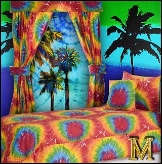 Bright, bubbly and colorful, the Tie Dye bedding collection by Victor Mill Bedding is guaranteed to liven up any bedroom decor. The Victor Mill Tie Dye bedding collection features a rainbow tie-dye motif in orange, green, purple, yellow, red and blue, accented with solid white. The Victor Mill Tie Dye bedding collection has everything you need to bring this beautiful look to your bedroom decor,     Tie Dye bedroom ideas - hippie style decorating ideas - splatter paint rooms - retro 70s bedroom decor - peace sign decoration