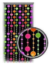 This 10 strand blacklight reactive beaded curtain makes the perfect decoration for any room. Use for doorways, windows, and dividers. They can be cut to desired length without coming apart. These discs light up brightly under blacklight!.