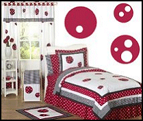 funky fun and fashionable children's bedding, Red and White Polka Dot, Black and White Gingham, and solid white stylish  little Ladybug bedding set 